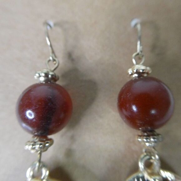 Gold Tone Beaded Dangle Fishhook Pierced Earrings Boho Festival Brown Amber - Picture 2 of 7